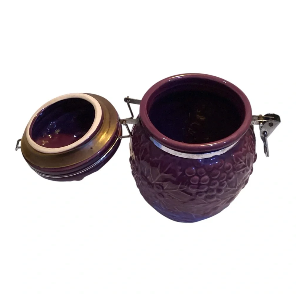 Vintage Purple Grape Embossed Ceramic Canister Jar with Clamp